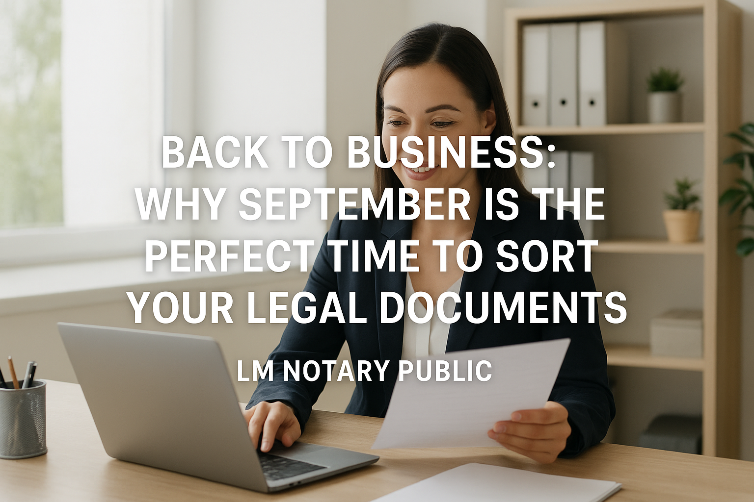a picture of a woman with documents and some description